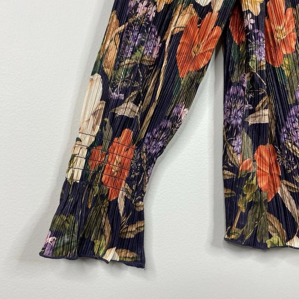 Chico's Womens 4 XXL Dark Purple Floral Pleated Blouse Long Sleeve Mock Neck Top - Picture 4 of 16